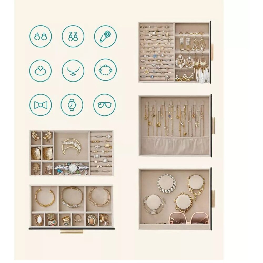 5-Layer Jewelry Box with Large Mirror, Modern Jewelry Organizer with 3 Side Draw - Picture 3 of 9